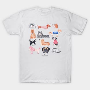 Doggie Assembly | Watercolour | Dogs | Pattern T-Shirt